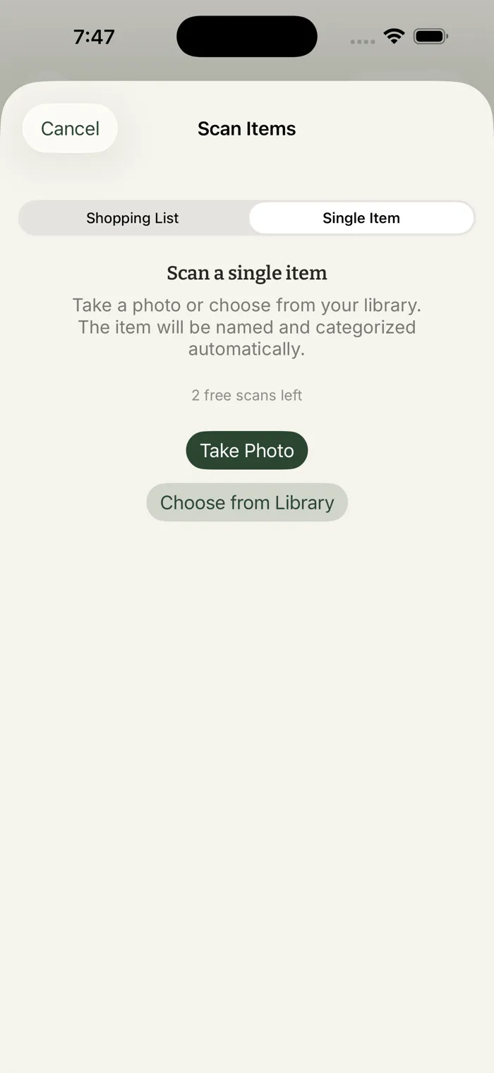 Scanning a shopping list with Scout, with free scans shown