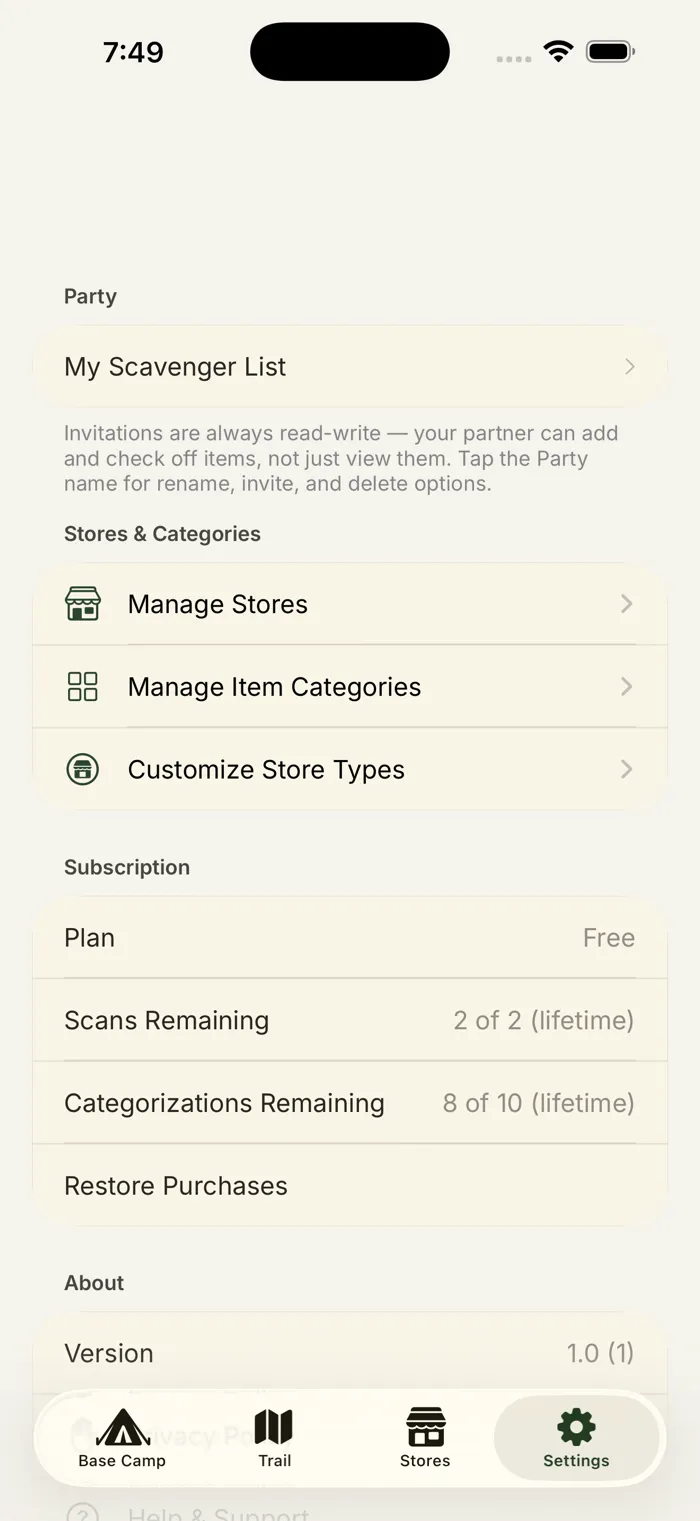 The Subscription section in Settings, showing plan, usage, and Restore Purchases